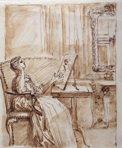 Lady Burlington sitter i sitt trädgårdsrum och beundrar en gammal mästare (?) teckning (penna och bläck på papper) av William Kent