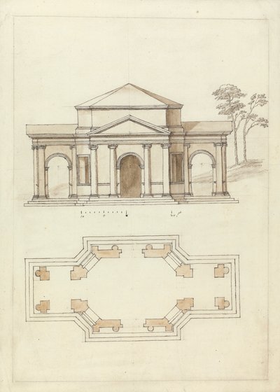 Townsends byggnad i Rousham, Oxfordshire: Höjd och plan av William Kent