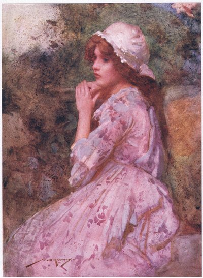 Hennes blygsamma utseende som stugan kan ha e.Kr., söt som primula kikar under tagg (färg litho) av William Lee Hankey