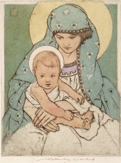 Jungfru Maria med Kristusbarnet (handfärgad torrnål) av William Lee Hankey
