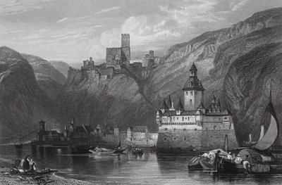 Caub, Gutenfels slott, och Pfalz, Rhen (gravyr) av William Leighton (after) Leitch