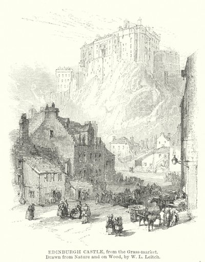 Edinburgh Castle, från Grass-market (gravyr) av William Leighton (after) Leitch