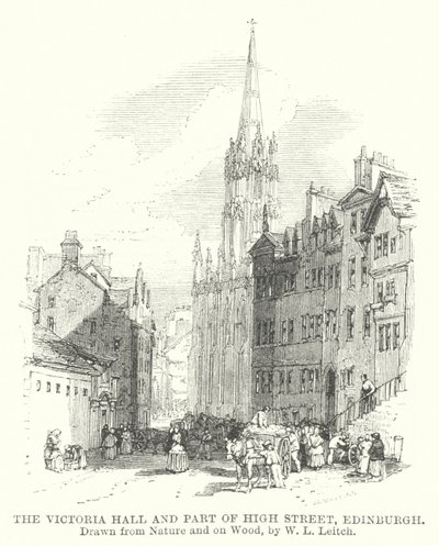 Victoria Hall och en del av High Street, Edinburgh (gravyr) av William Leighton (after) Leitch