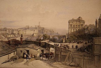 Edinburgh från Mound (färg litho) av William Leighton Leitch