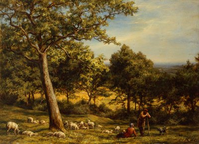 En herde och hans flock i ett solbelyst skogslandskap av William Linnell