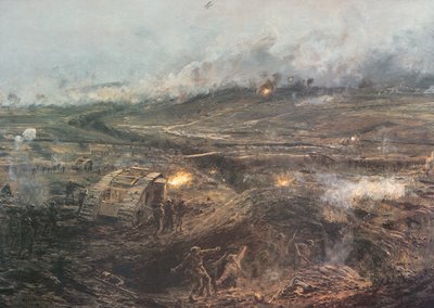 "Dawn, 20th November 1917" - Brittiska stridsvagnar rullar in i Cambrai, Frankrike av William Lionel (after) Wyllie