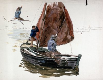 En man och en pojke ombord på en liten segelbåt. Akvarell av William Lionel Wyllie