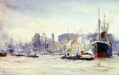 Aktivitetsscen längs Irongate Quay, vid Themsen (England), med Tower Bridge i fjärran av William Lionel Wyllie
