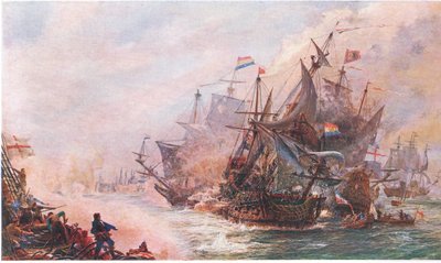 Blakes tredagarsförlovning med Von Tromp, från Cassells History of the British People utgiven av Waverley Book Company Limited, ca 1940. av William Lionel Wyllie