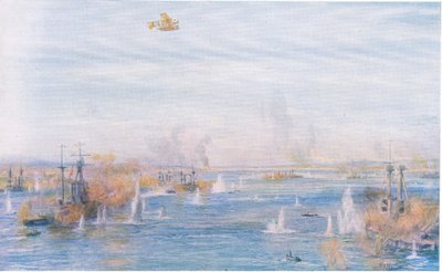 Bombning av Narrows, 18 mars 1915, från Cassells History of the British People utgiven av Waverley Book Company Limited, ca 1940. av William Lionel Wyllie