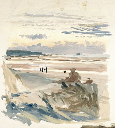 Personer på stranden, troligen i Amble (Frankrike), med silhuetten av Fort Vauban i skymningsljuset av William Lionel Wyllie
