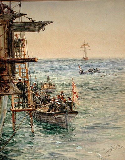 Eclipse Party lämnar H.M.S. Theseus, Santa Pola (akvarell på papper) av William Lionel Wyllie