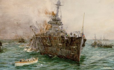 HMS "Audacious" sjunker utanför Loch Swilly efter att ha träffat en mina, 27 oktober 1914, början av 1900-talet (akvarell) av William Lionel Wyllie