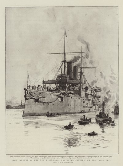 HMS Blenheim, den nya förstklassiga skyddade kryssaren, på sin provresa av William Lionel Wyllie