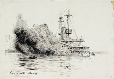 HMS "Canopus" vid Port Stanley, avfyrar de inledande salvorna i slaget om Falklandsöarna, 8 december 1914 (penna  bläck, med svart tvätt, på kort) av William Lionel Wyllie