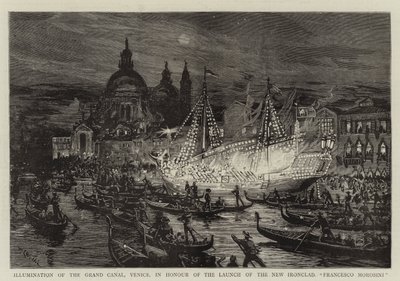Belysning av Canal Grande, Venedig, för att hedra lanseringen av New Ironclad, Francesco Morosini av William Lionel Wyllie
