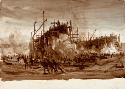 Järnfartyg på kajen, ca 1910 (brun lavering) av William Lionel Wyllie