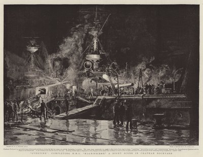 Övertid, avslutar HMS Magnificent, en nattscen i Chatham Dockyard av William Lionel Wyllie