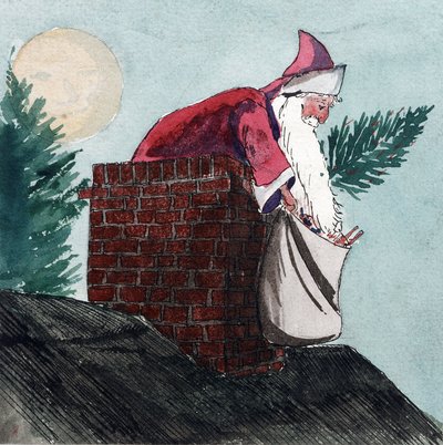 Jultomten kommer ner genom en skorsten med en säck full av leksaker och en julgran. Akvarell, början av 1900-talet, av William Lionel Wyllie (1851-1931). av William Lionel Wyllie