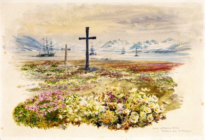 Search Bay (Research Bay, Tasmanien, Australien), två kors planterade i blomsterrabatter med fartyg i fjärran. Akvarell av William Lionel Wyllie