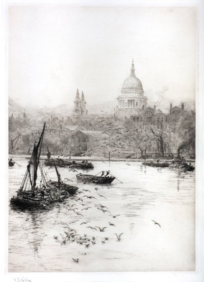 Sjöfart och måsar under St Pauls (akvarell) av William Lionel Wyllie
