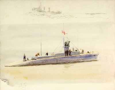 Ubåt J.5 och grov skiss av annat stridsfartyg, tidigt 1900-tal (akvarell, grafit) av William Lionel Wyllie