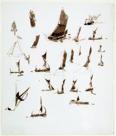 Studier av husbåtar på Themsen (England). Gouache hämtad ur en anteckningsbok, ca 1890, av William Lionel Wyllie (1851-1931). av William Lionel Wyllie