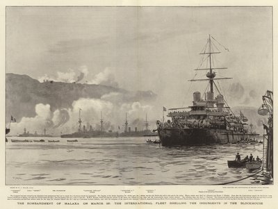 Bombardementet av Malaxa den 23 mars, den internationella flottan beskjuter upprorsmännen i blockhuset av William Lionel Wyllie