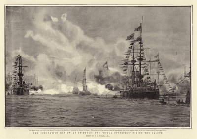 The Coronation Review på Spithead, Royal Sovereign avfyrar saluten av William Lionel Wyllie