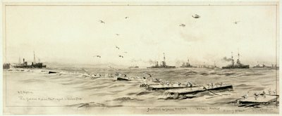 Den tyska högsjöflottan inlåst i Scapa, ca 1918 (tvätt, grått, förhöjt med vitt) av William Lionel Wyllie