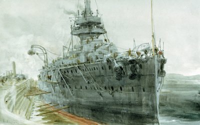 HMS "Audacious", byggd 1911-1913. Akvarell av William Lionel Wyllie