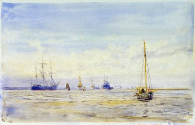 Hamble River (England) och båtliv. Akvarell, sent 1800-tal, av William Lionel Wyllie (1851-1931). av William Lionel Wyllie