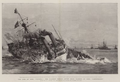 Förlusten av HMS Victoria, flaggskeppet som sjunker efter att ha blivit rammat av HMS Camperdown av William Lionel Wyllie