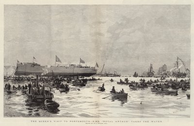 Drottningens besök i Portsmouth, HMS Royal Arthur tar sig ut i vattnet av William Lionel Wyllie