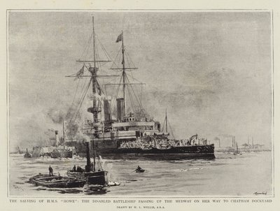Salving av HMS Howe, det handikappade slagskeppet som passerar Medway på väg till Chatham Dockyard av William Lionel Wyllie