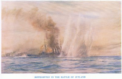 Southampton i slaget vid Jylland, från Cassells History of the British People utgiven av Waverley Book Company Limited, ca 1940. av William Lionel Wyllie