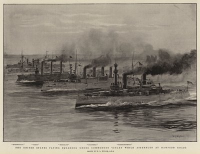 Förenta staternas flygande eskader under kommodore Schley som samlades i Hampton Roads. av William Lionel Wyllie