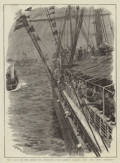 Drottningens besök i Liverpool, drottningen kommer, hipp! Höft! Hurra! av William Lionel Wyllie