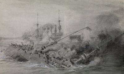 De sista av "Scharnhorst" och "Gneisenau"; slaget vid Falklandsöarna, 8 december 1914, ca 16.15, ca 1915-18 (lav, grått, förstärkt med vitt) av William Lionel Wyllie