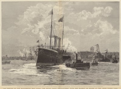 Öppnandet av Manchester Ship Canal, Royal Yacht Enchantress med Hennes Majestät ombord, vid Mode Wheel Lock av William Lionel Wyllie