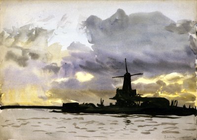 Väderkvarnen i Zaandam, norr om Amsterdam (Nederländerna). Akvarell av William Lionel Wyllie