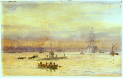 Denna vy visar hamnen på Gosport-sidan där en ubåt är på väg in, med en annan framför sig. av William Lionel Wyllie