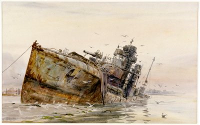 "V82 German Destroyer in Fountain Lake", ca 1920-22 (akvarell) av William Lionel Wyllie