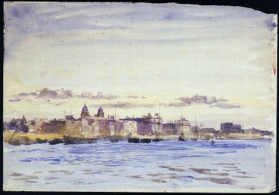Utsikt över Royal Naval College, i Greenwich (England), på Themsen, i solnedgången, tagen från Blackwall (motsatt strand). Akvarell, tidigt 1900-tal, av William Lionel Wyllie (1851-1931). av William Lionel Wyllie