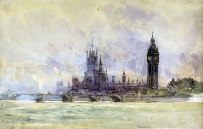 Westminster Bridge, Parlamentet och Big Ben, i London (England). Akvarell, sent 1800-tal, tidigt 1900-tal, av William Lionel Wyllie (1851-1931). av William Lionel Wyllie