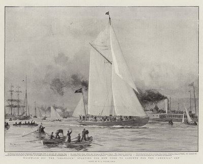 Westward Ho, Shamrock som startar till New York för att tävla om America Cup. av William Lionel Wyllie