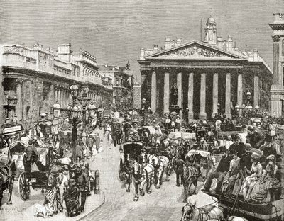 Bank of England och Royal Exchange under artonhundratalet, från "London Pictures: Drawn with Pen and Pencil", av pastor Richard Lovett, publicerad 1890 av William Logsdail