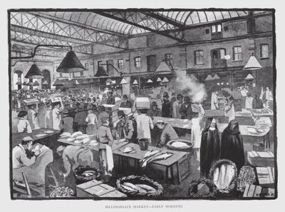 Billingsgate Market, tidig morgon (litho) av William Luker