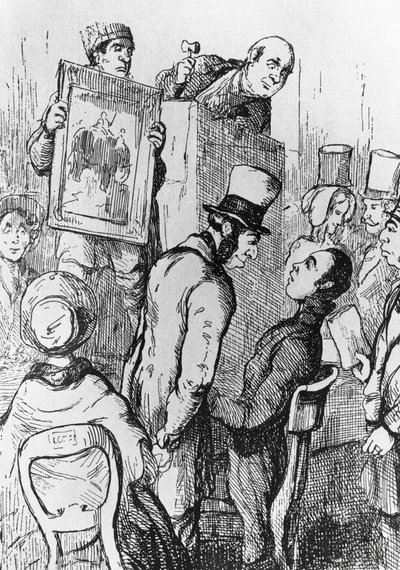 Elephant for Sale, illustration till 17:e kapitlet i Vanity Fair, roman av William Makepeace Thackeray (1811-1863), gravyr efter teckning av William Makepeace Thackeray (1811-1863), publicerad i Chicago 1882 av William Makepeace Thackeray