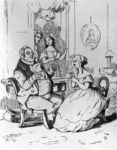 Mr Joseph Sedley intrasslad av Becky Sharp, illustration till första kapitlet av Vanity Fair, roman av William Makepeace Thackeray (1811-1863), gravyr efter teckning av William Makepeace Thackeray (1811-1863), publicerad i Chicago 1882 av William Makepeace Thackeray
